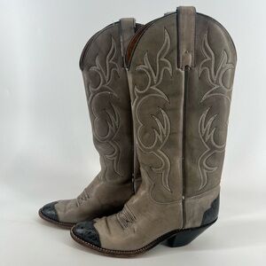 Texas Brand Vintage Gray Leather Western Cowboy Boots Black Tips Women 7 Seven